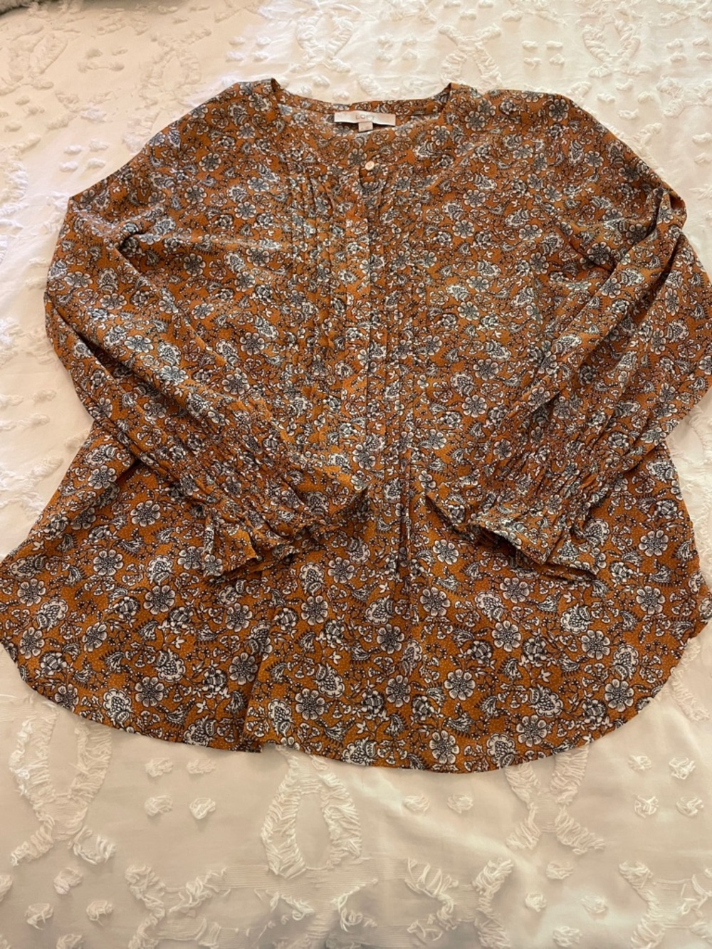 LOFT Rust Floral Pintuck Long-Sleeve Blouse